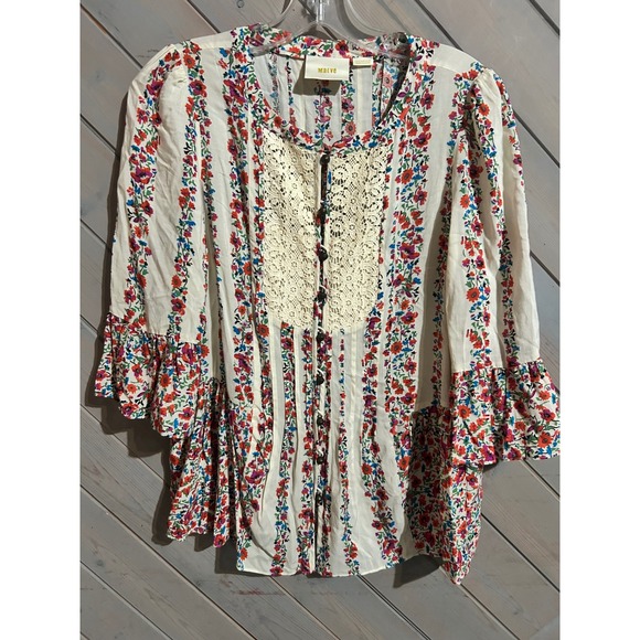 Maeve Tops - Maeve Anthropologie Floral Print Button Up Top Blouse Crochet Trim Bohemian US 2